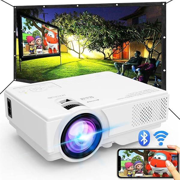 Proyector con WiFi y Bluetooth, proyector para exteriores actualizado a 2024, miniproyector de películas compatible con 1080P, sincroniza la pantalla del teléfono inteligente mediante un cable WiFi/USB para entretenimiento en el hogar