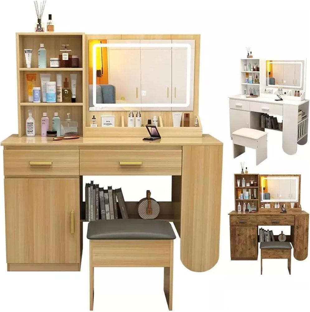 Tocador, tocador con espejo iluminado, 2 cajones, mueble RGB, 100x40x132cm (marrón claro)
