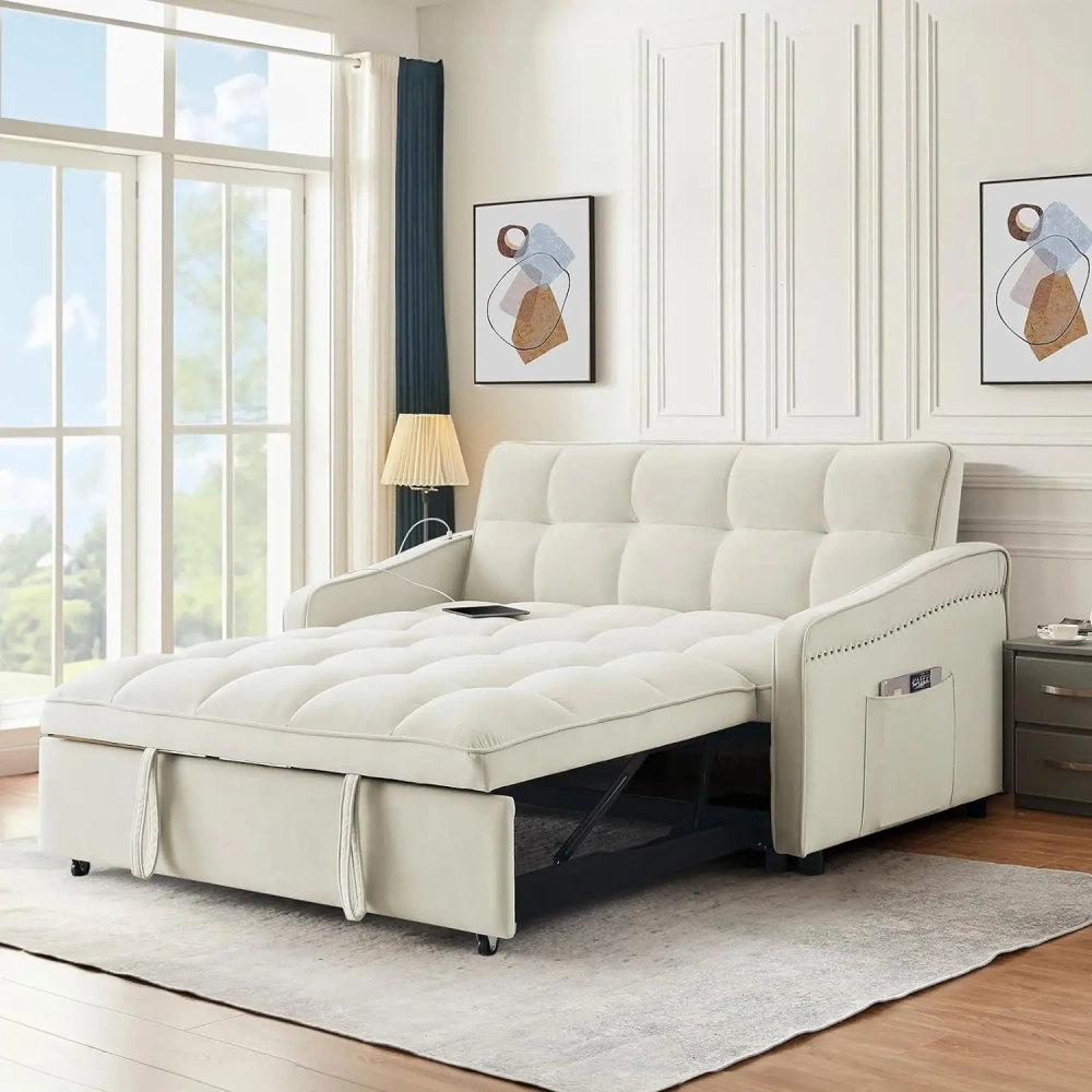 Sofá cama 3 en 1 con puerto USB y tipo C, sofá de dos plazas de 52" con cama extraíble