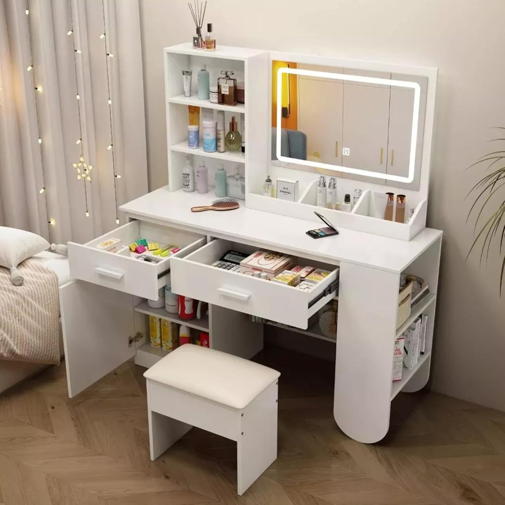 Tocador, tocador con espejo iluminado, 2 cajones, mueble RGB, 100x40x132cm (marrón claro)