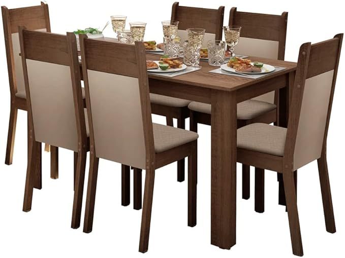 Conjunto Comedor, Mesa Tapa de Madera con 6 Sillas Jaíne - Marrón/Creme