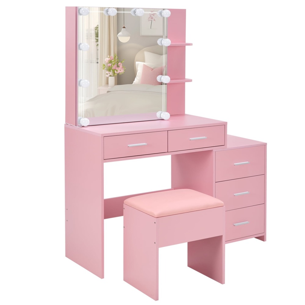 Mesa de Vanity con Luces LED - Espejo Ajustable - Ideal para Maquillaje Profesional - Color Rosa