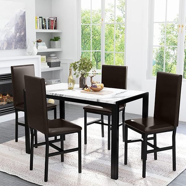 Comedor moderno de 7 piezas para 6 personas, mesa de vidrio templado y sillas de cuero sintético