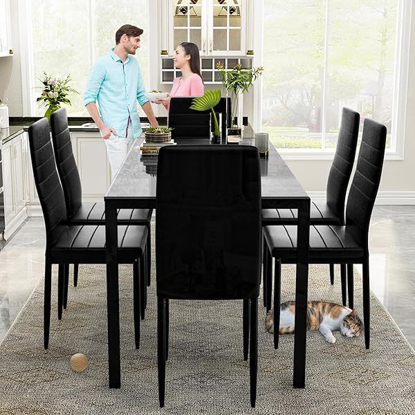 Comedor moderno de 7 piezas para 6 personas, mesa de vidrio templado y sillas de cuero sintético