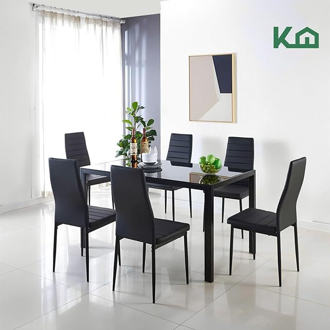 Juego Set Comedor De 7 Piezas - Mesa Vidrio Templado 6 Sillas Acolchadas - Estructura Metálica - Negro