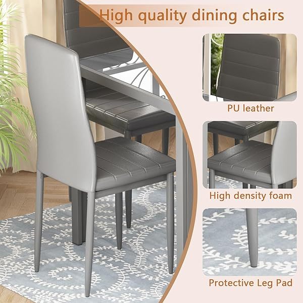 Comedor moderno de 7 piezas para 6 personas, mesa de vidrio templado y sillas de cuero sintético