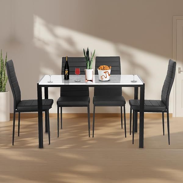 Dining Table Set Glass Dining Room Table Set  Home Furniture Rectangular Modern (Black Glass)