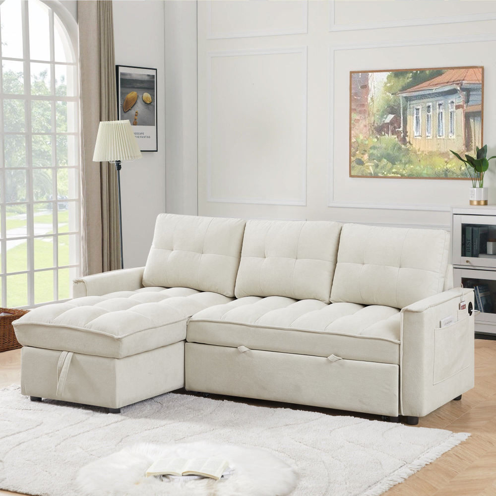 Sofá cama convertible, sofá cama seccional con chaise longue con espacio de almacenaje, sofá en forma de L para sala de estar, chenilla gris claro