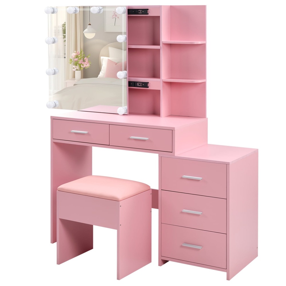 Mesa de Vanity con Luces LED - Espejo Ajustable - Ideal para Maquillaje Profesional - Color Rosa