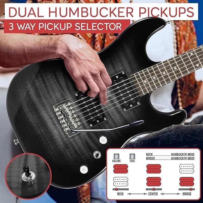 Guitarra Eléctrica con Amplificador, Madera Maciza, Incluye Accesorios Ideal para Principiantes, Tamaño Completo, Humbucker, 3 Vías, Rojo Madera