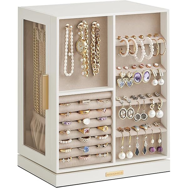 Joyero giratorio de 360° con 5 cajones, organizador de joyas, ventana de cristal, espacioso, almacenamiento vertical de joyas, diseño abierto.