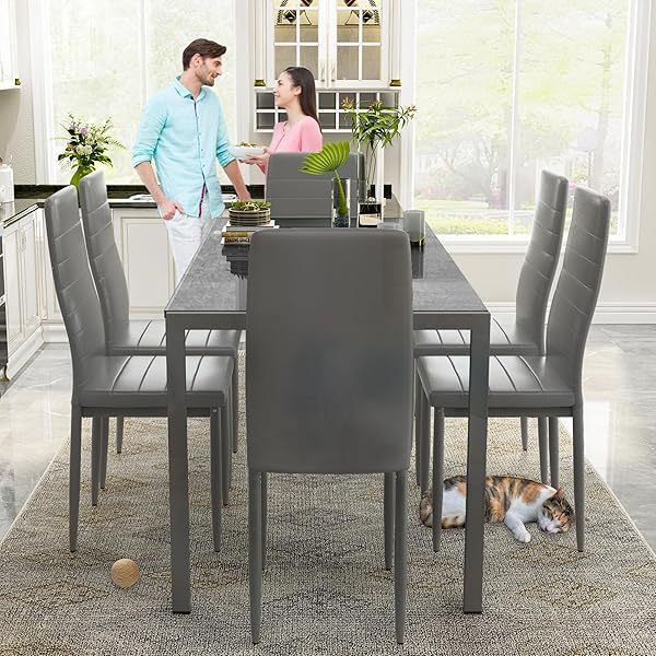 Comedor moderno de 7 piezas para 6 personas, mesa de vidrio templado y sillas de cuero sintético