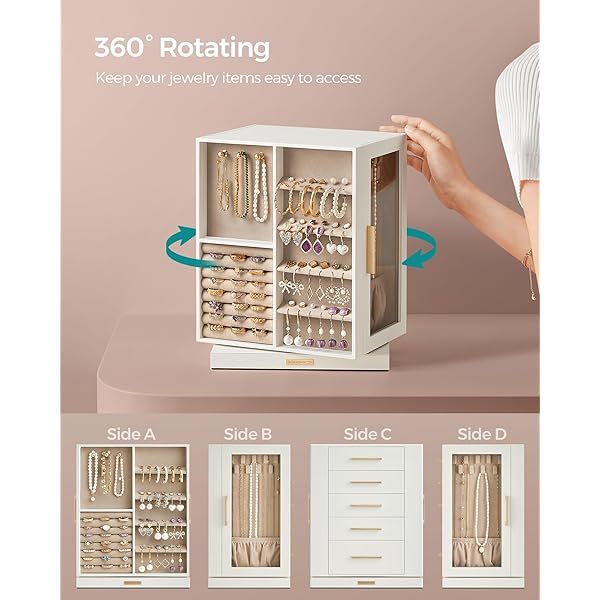 Joyero giratorio de 360° con 5 cajones, organizador de joyas, ventana de cristal, espacioso, almacenamiento vertical de joyas, diseño abierto.