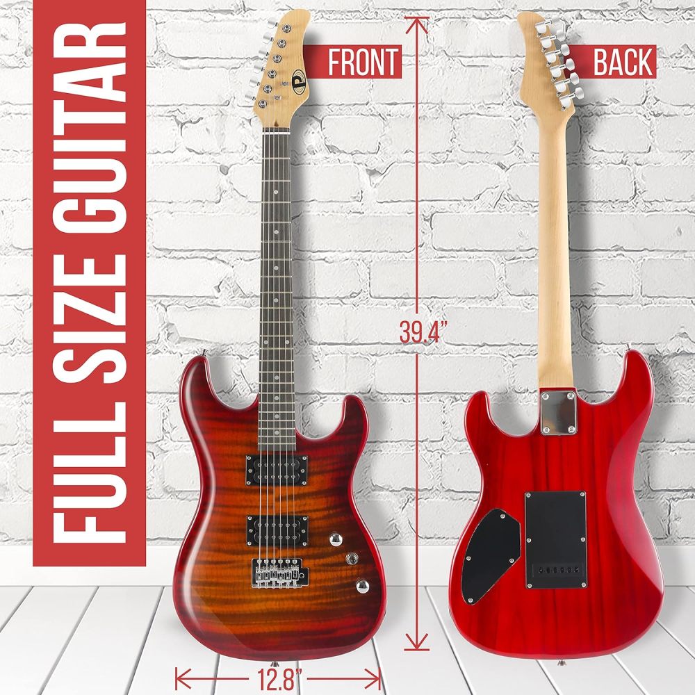 Guitarra Eléctrica con Amplificador, Madera Maciza, Incluye Accesorios Ideal para Principiantes, Tamaño Completo, Humbucker, 3 Vías, Rojo Madera