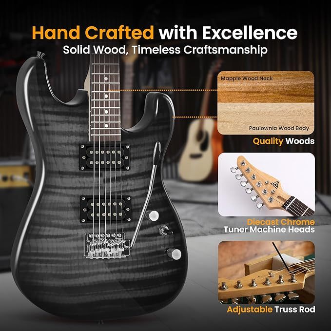 Guitarra Eléctrica con Amplificador, Madera Maciza, Incluye Accesorios Ideal para Principiantes, Tamaño Completo, Humbucker, 3 Vías, Rojo Madera
