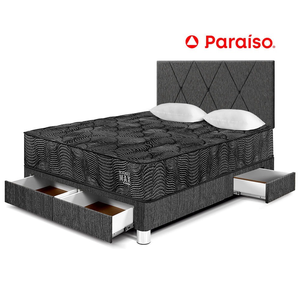 Dormitorio Pocket Max Black 2 Plazas Con Cajones + Respaldo Charcoal