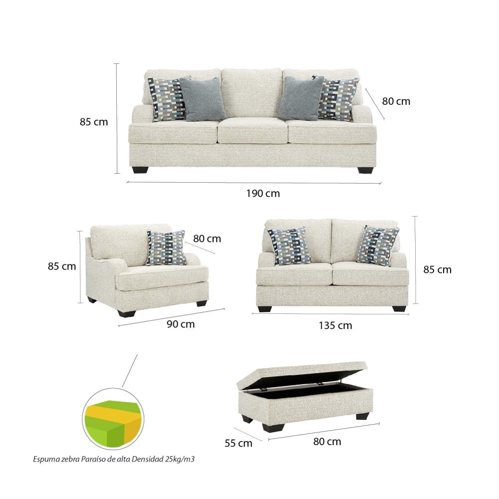 Juego de sala 3-2-1 + Banqueta baúl de regalo Irem Ivory