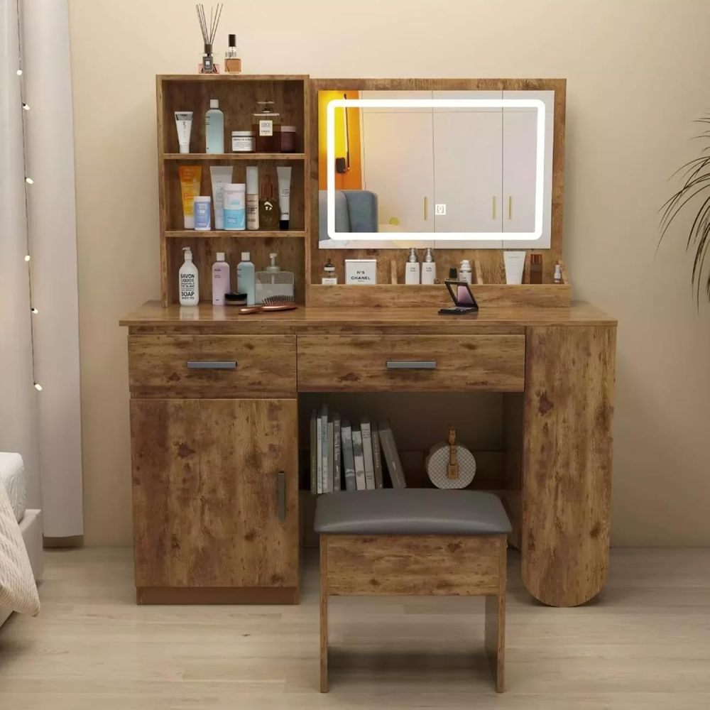 Tocador, tocador con espejo iluminado, 2 cajones, mueble RGB, 100x40x132cm (marrón claro)