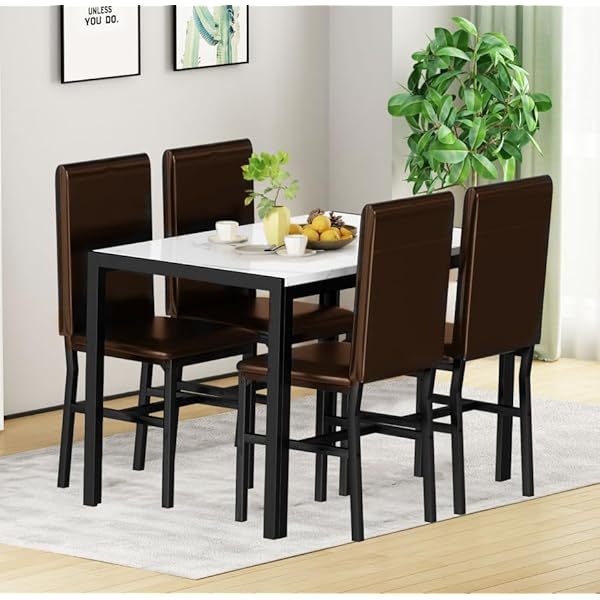 Comedor moderno de 7 piezas para 6 personas, mesa de vidrio templado y sillas de cuero sintético