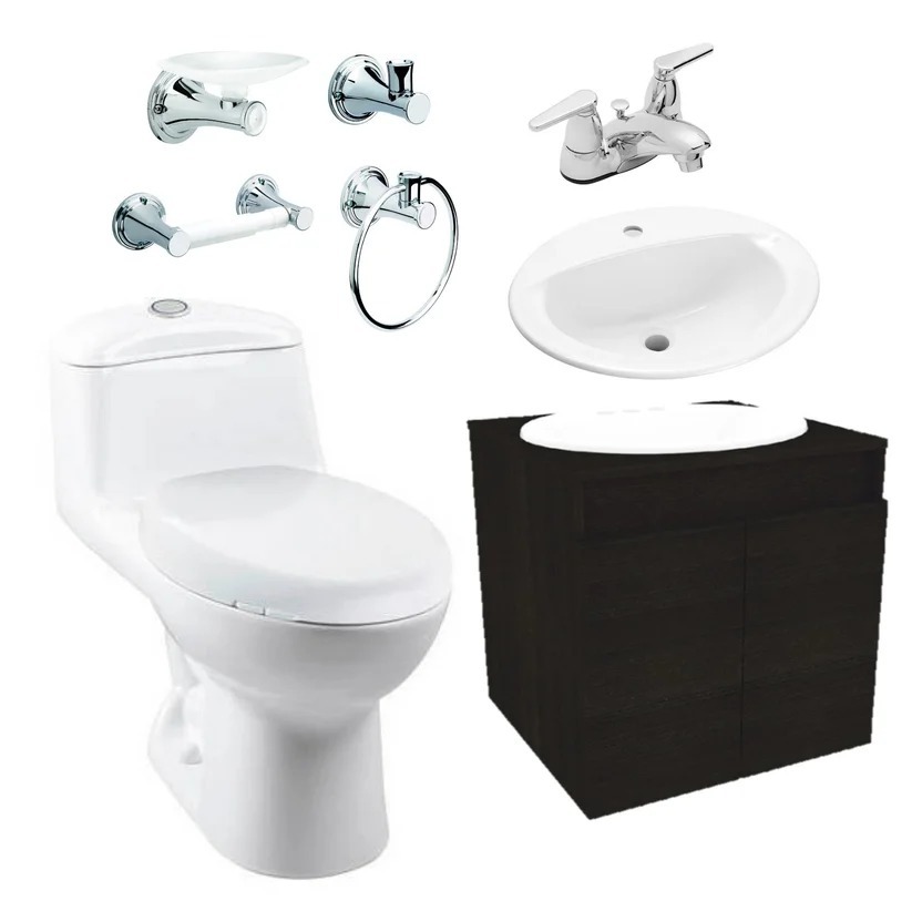 Combo de Baño: Sanitario Manantial Pro + Mueble Aluvia + Grifería Nogal + Accesorios (Jabonera, percha, toallero argolla, portarrollo) Corona
