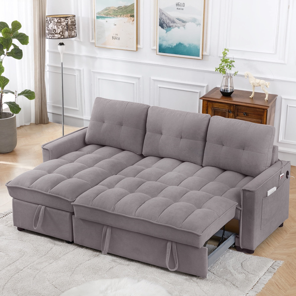 Sofá cama convertible, sofá cama seccional con chaise longue con espacio de almacenaje, sofá en forma de L para sala de estar, chenilla gris claro