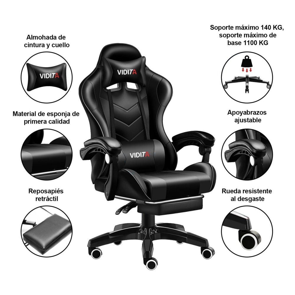 Set Silla Gamer Con Reposapiés y Escritorio Gamer K-RGB 140cm Negro