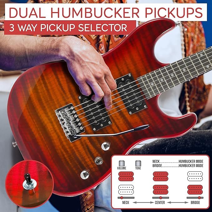 Guitarra Eléctrica con Amplificador, Madera Maciza, Incluye Accesorios Ideal para Principiantes, Tamaño Completo, Humbucker, 3 Vías, Rojo Madera