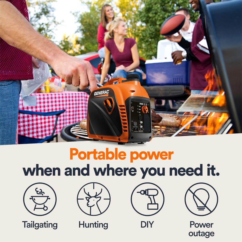 GP2500i Generador inversor portátil de 2.500 vatios de gas, diseño compacto y ligero con capacidad paralela, produce energía limpia y estable, compatible con CARB, naranja/negro