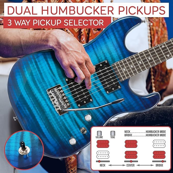 Guitarra Eléctrica con Amplificador, Madera Maciza, Incluye Accesorios Ideal para Principiantes, Tamaño Completo, Humbucker, 3 Vías, Rojo Madera