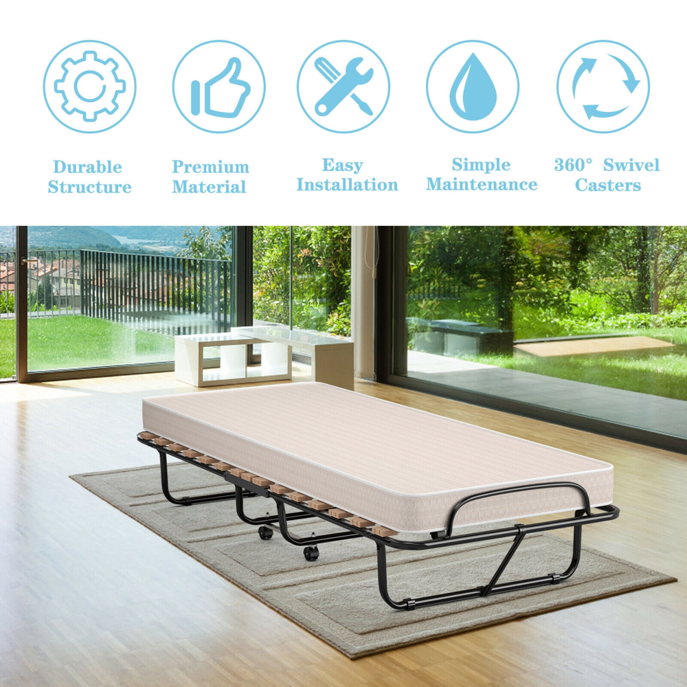 Cama plegable para invitados adicionales con colchón de espuma viscoelástica fabricada en Italia