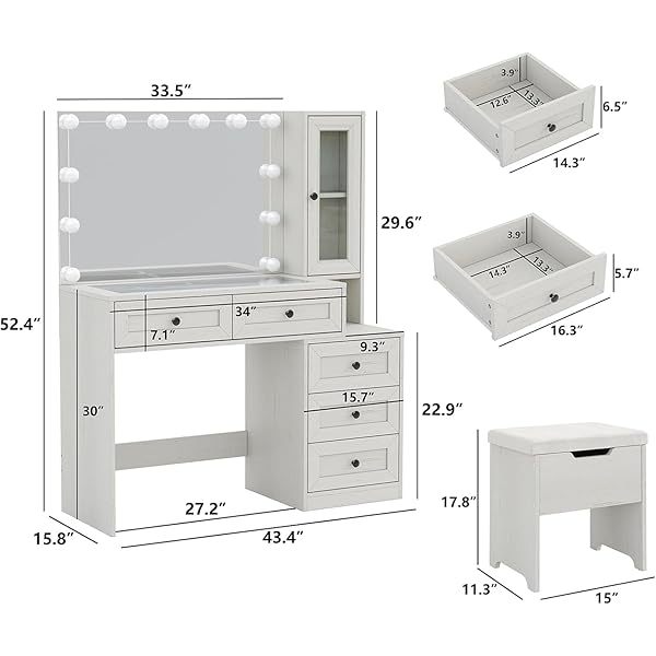 Espejo estilo granja, tocador grande con bombillas LED, juego de tocador para maquillaje