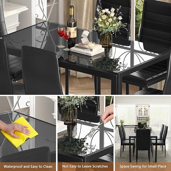 Comedor moderno de 7 piezas para 6 personas, mesa de vidrio templado y sillas de cuero sintético