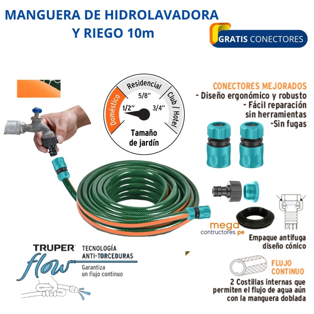 Hidrolavadora portátil Truper 1500 PSI + manguera 10m conectores click