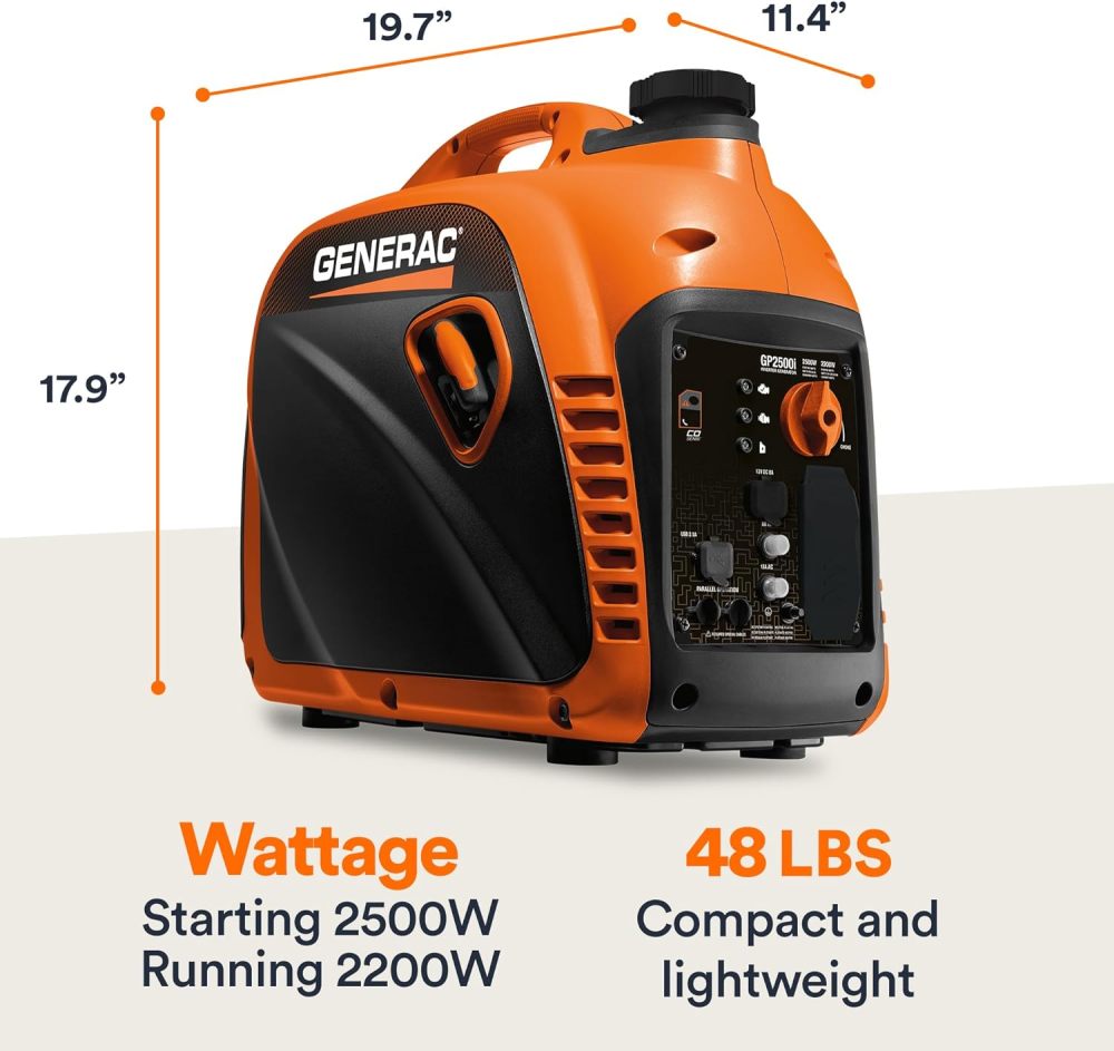 GP2500i Generador inversor portátil de 2.500 vatios de gas, diseño compacto y ligero con capacidad paralela, produce energía limpia y estable, compatible con CARB, naranja/negro