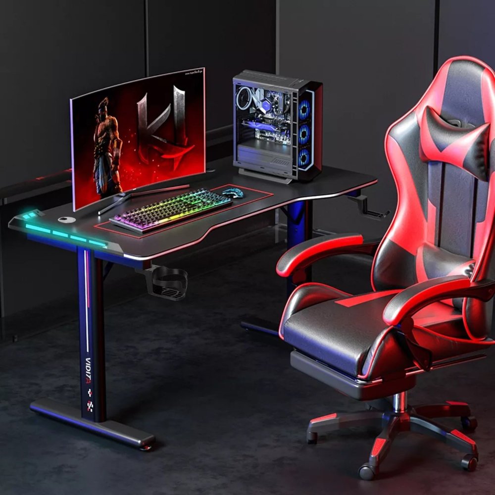Set Silla Gamer Con Reposapiés y Escritorio Gamer T-RGB 120cm Negro