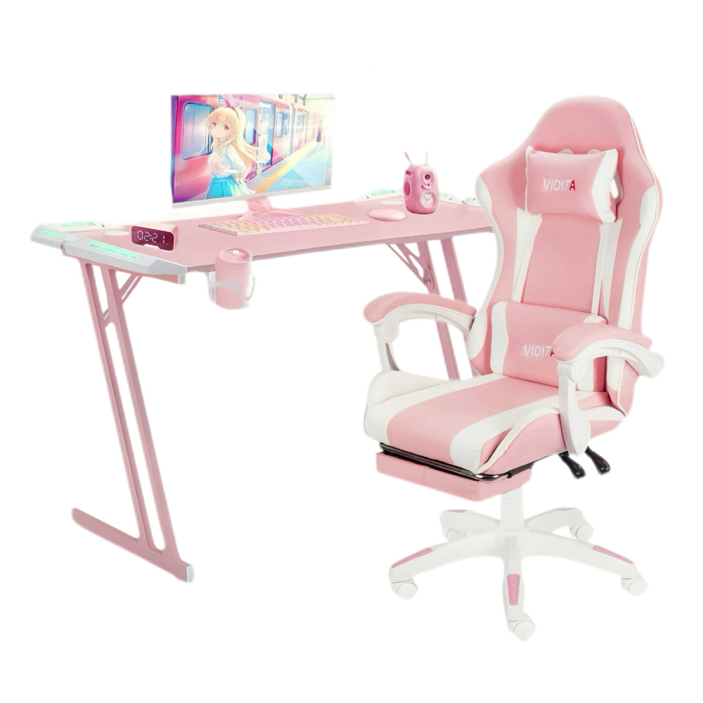 Set Silla Gamer Con Reposapiés y Escritorio Gamer T-RGB 120cm Negro