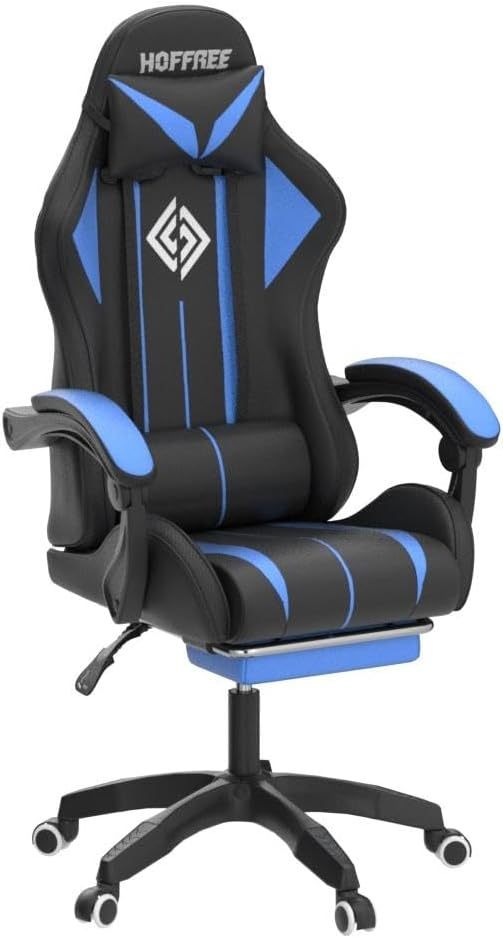 Silla para Juegos con Altavoces Bluetooth y Luces LED RGB, Silla ergonómica de Videojuegos de Masaje con reposapiés de Respaldo Alto con Soporte Lumbar Azul y Negro