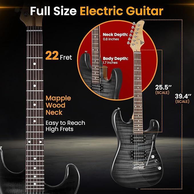 Guitarra Eléctrica con Amplificador, Madera Maciza, Incluye Accesorios Ideal para Principiantes, Tamaño Completo, Humbucker, 3 Vías, Rojo Madera