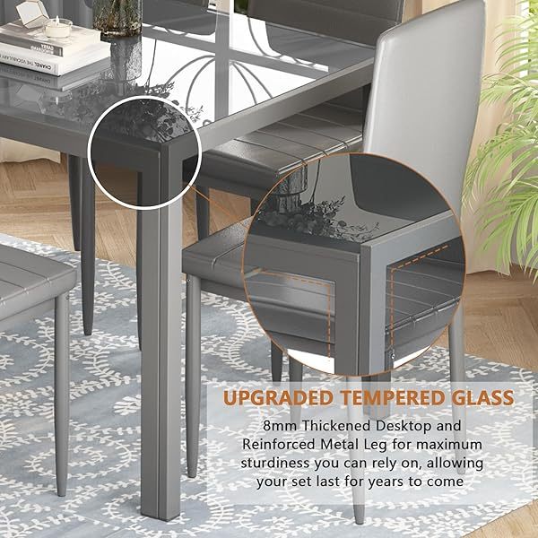 Comedor moderno de 7 piezas para 6 personas, mesa de vidrio templado y sillas de cuero sintético