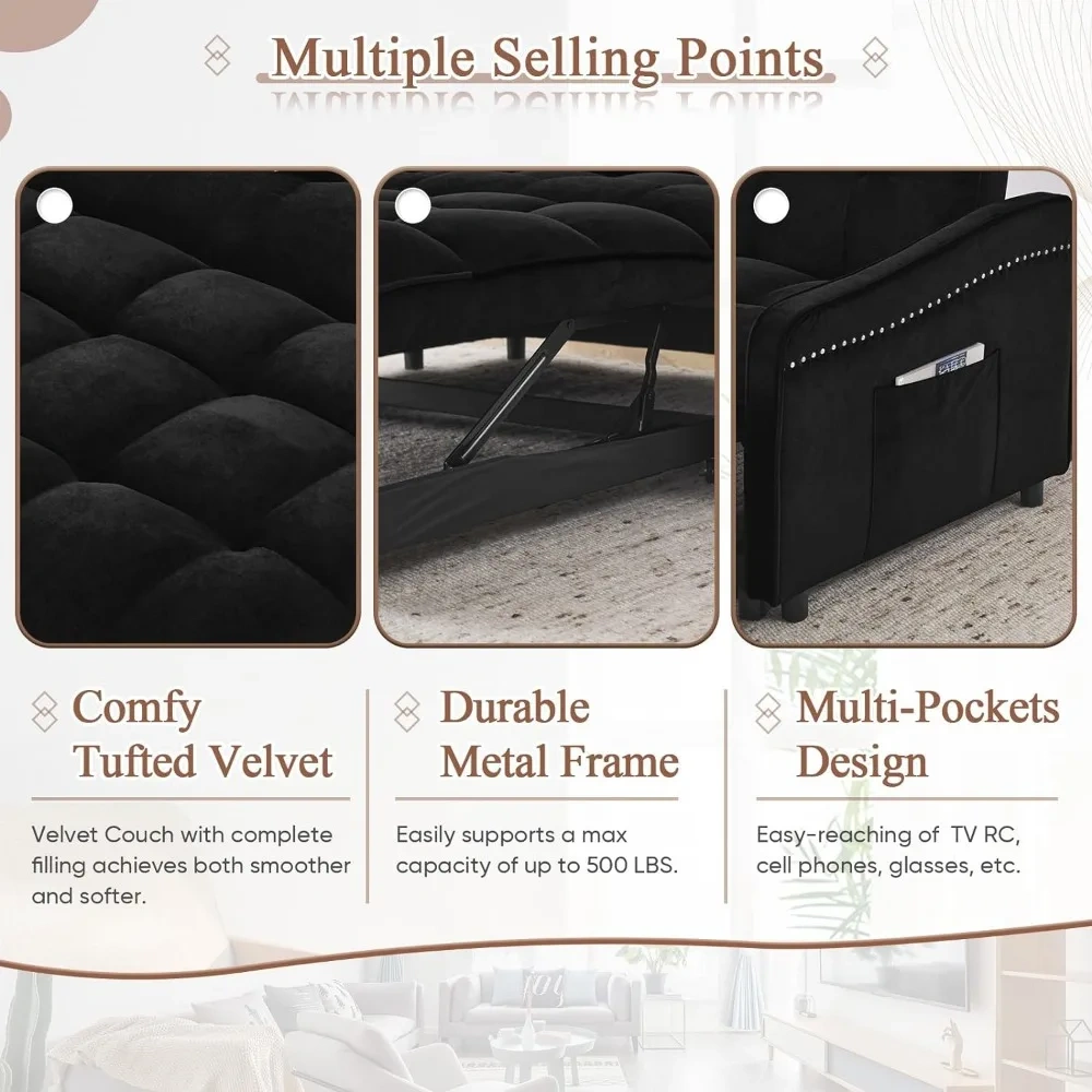 Sofá cama 3 en 1 con puerto USB y tipo C, sofá de dos plazas de 52" con cama extraíble