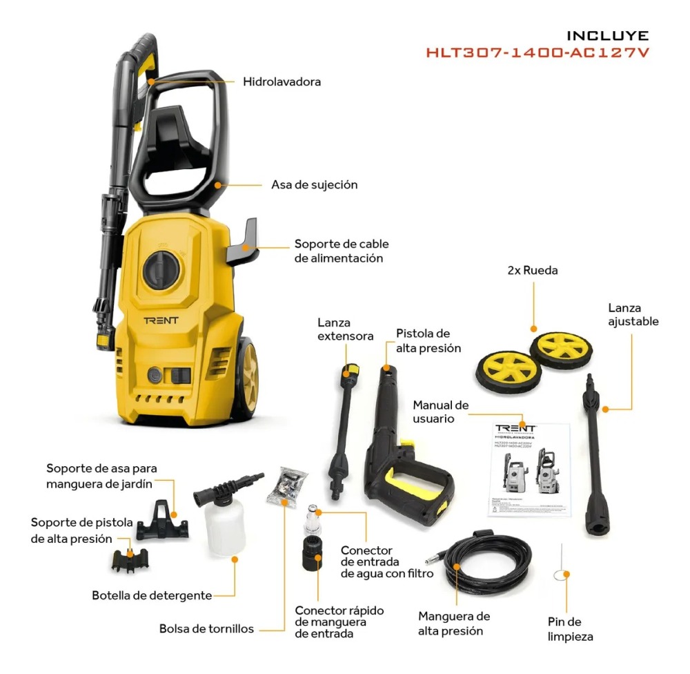 Hidrolavadora Electrica HLT307 1400W Alta presion 1600 Psi 110 Bar