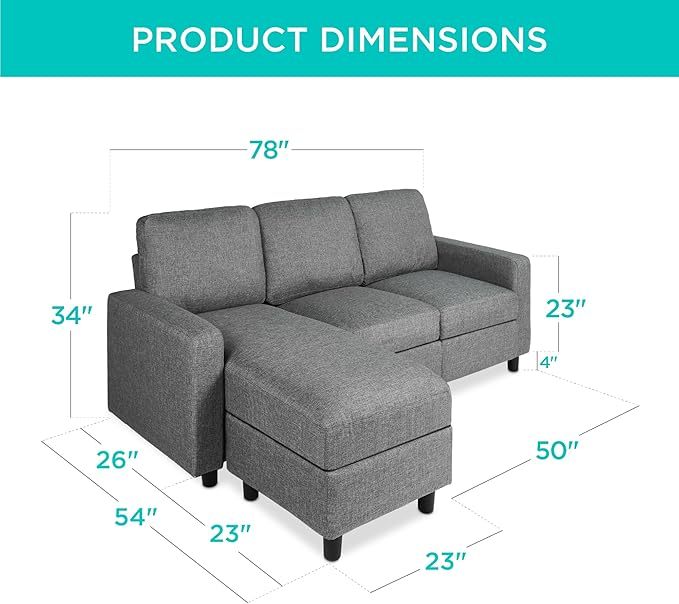 Best Choice Products Sofá seccional tapizado para el hogar, departamento, recámara, habitación adicional, espacios compactos con tumbona, 3 asientos, diseño en forma de L, banco otomano reversible