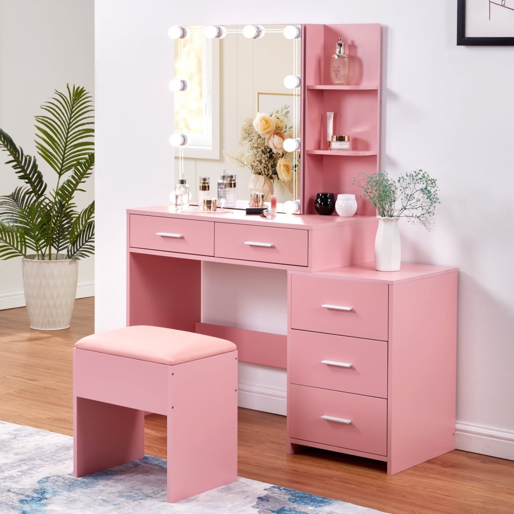 Mesa de Vanity con Luces LED - Espejo Ajustable - Ideal para Maquillaje Profesional - Color Rosa