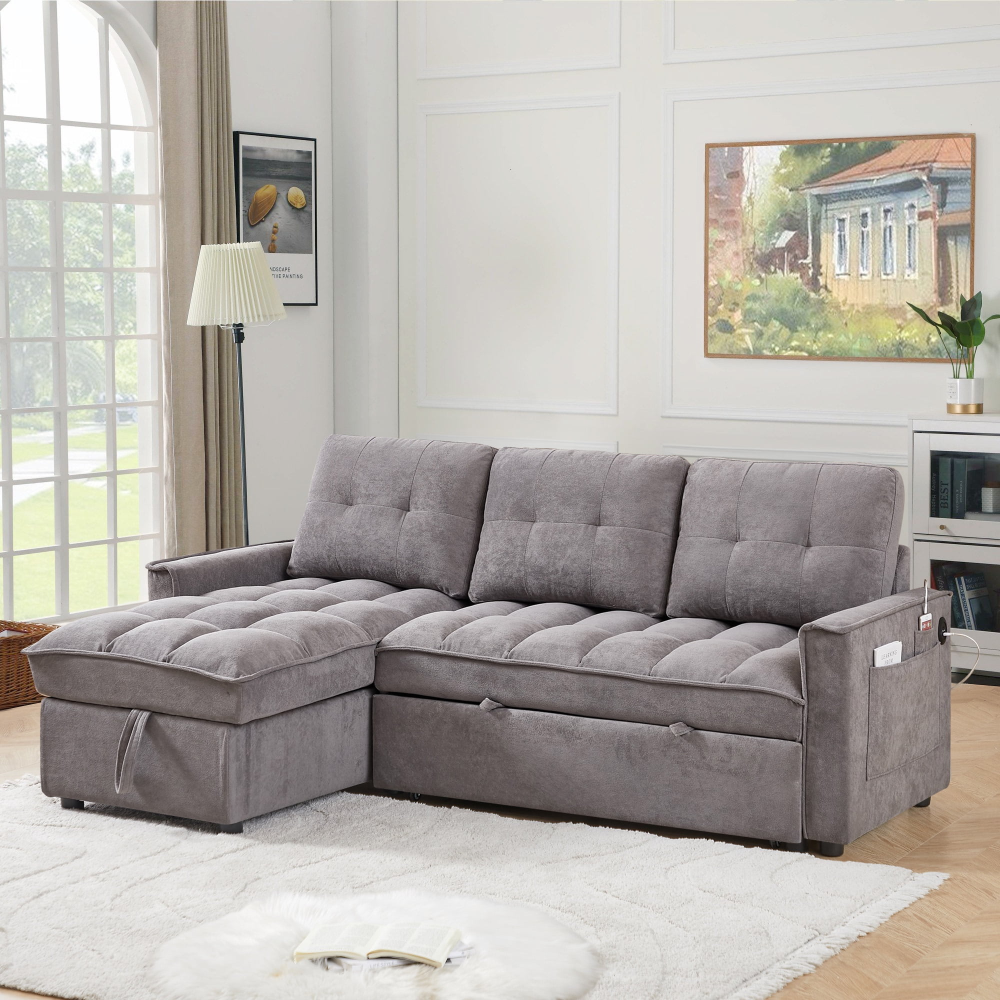 Sofá cama convertible, sofá cama seccional con chaise longue con espacio de almacenaje, sofá en forma de L para sala de estar, chenilla gris claro