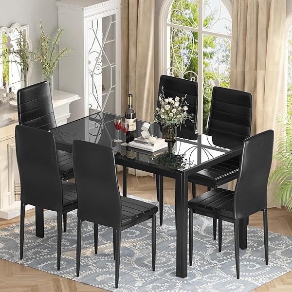 Comedor moderno de 7 piezas para 6 personas, mesa de vidrio templado y sillas de cuero sintético