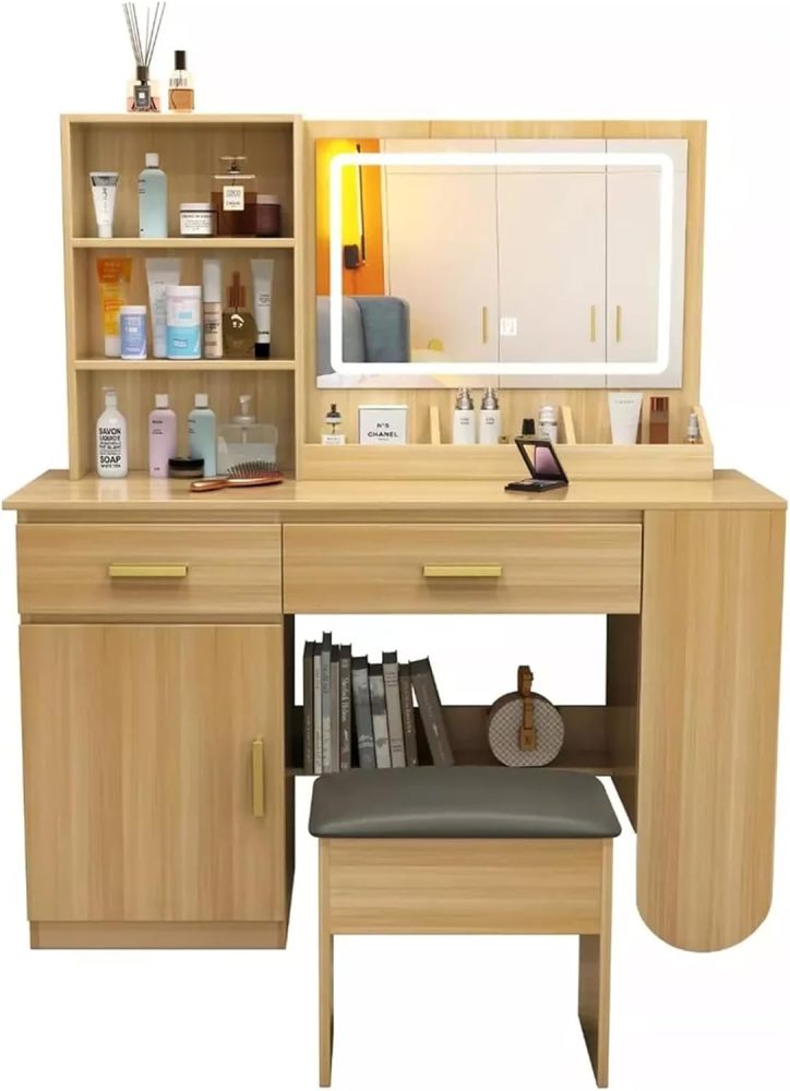 Tocador, tocador con espejo iluminado, 2 cajones, mueble RGB, 100x40x132cm (marrón claro)