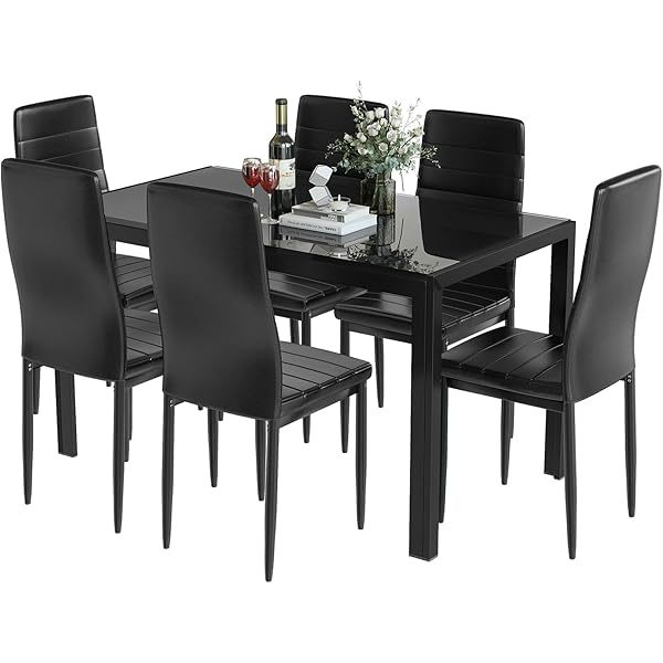 Comedor moderno de 7 piezas para 6 personas, mesa de vidrio templado y sillas de cuero sintético