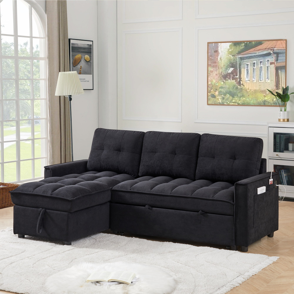 Sofá cama convertible, sofá cama seccional con chaise longue con espacio de almacenaje, sofá en forma de L para sala de estar, chenilla gris claro