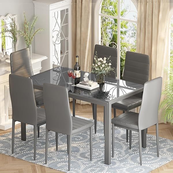 Comedor moderno de 7 piezas para 6 personas, mesa de vidrio templado y sillas de cuero sintético
