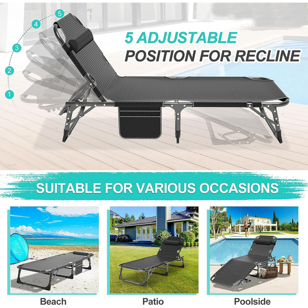 Sillón plegable, sillón reclinable para exteriores ajustable en 5 posiciones